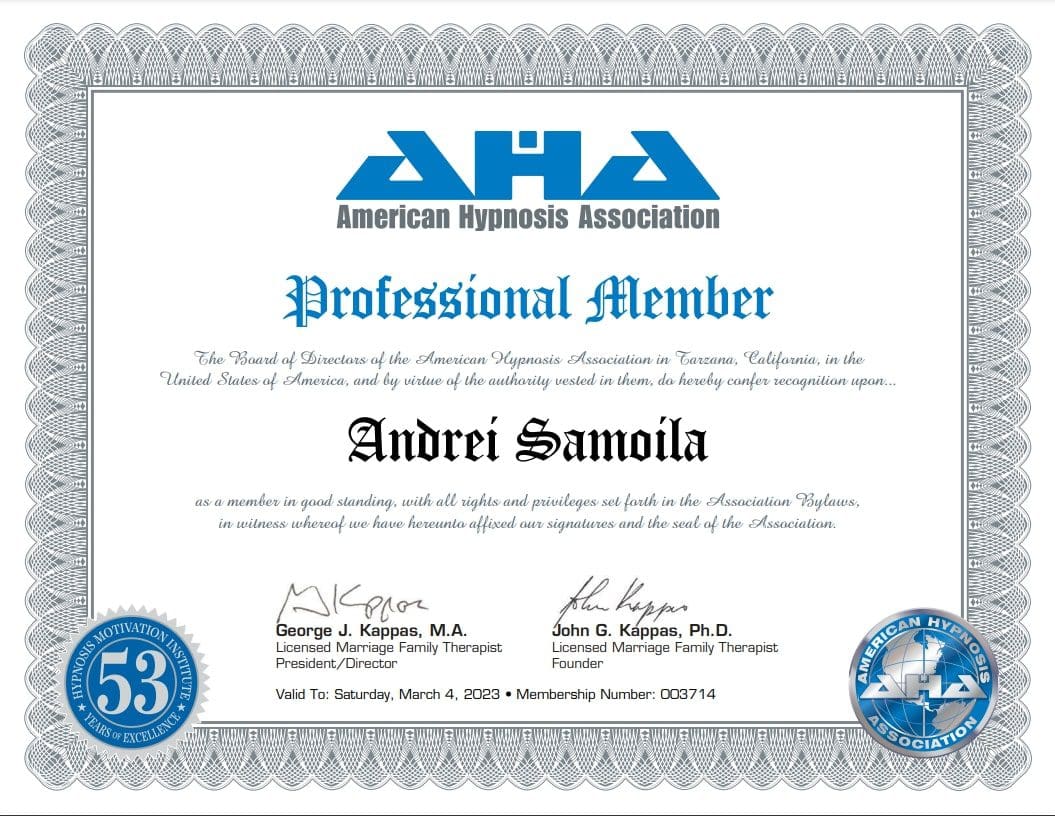 Certificat de membru profesional American Hypnosis Association pentru Andrei Samo, hipnoterapeut în Timișoara și online