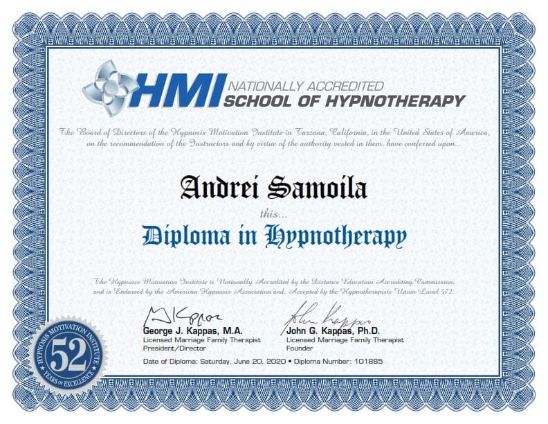 Diplomă în hipnoterapie obținută de Andrei Samo la Hypnosis Motivation Institute, școală acreditată de hipnoterapie