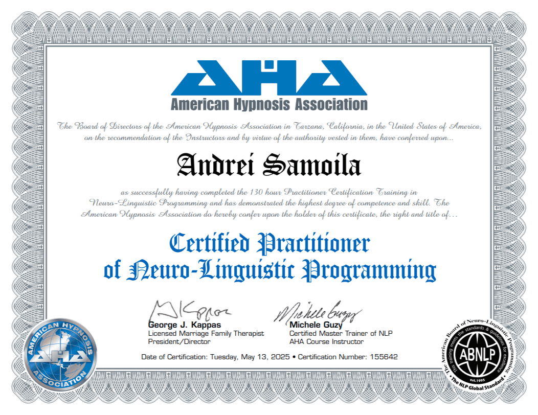 Certificat internațional de specializare în Programare Neuro-Lingvistică obținut de Andrei Samo, cu recunoaștere ABNLP, hipnoterapeut în Timișoara și online