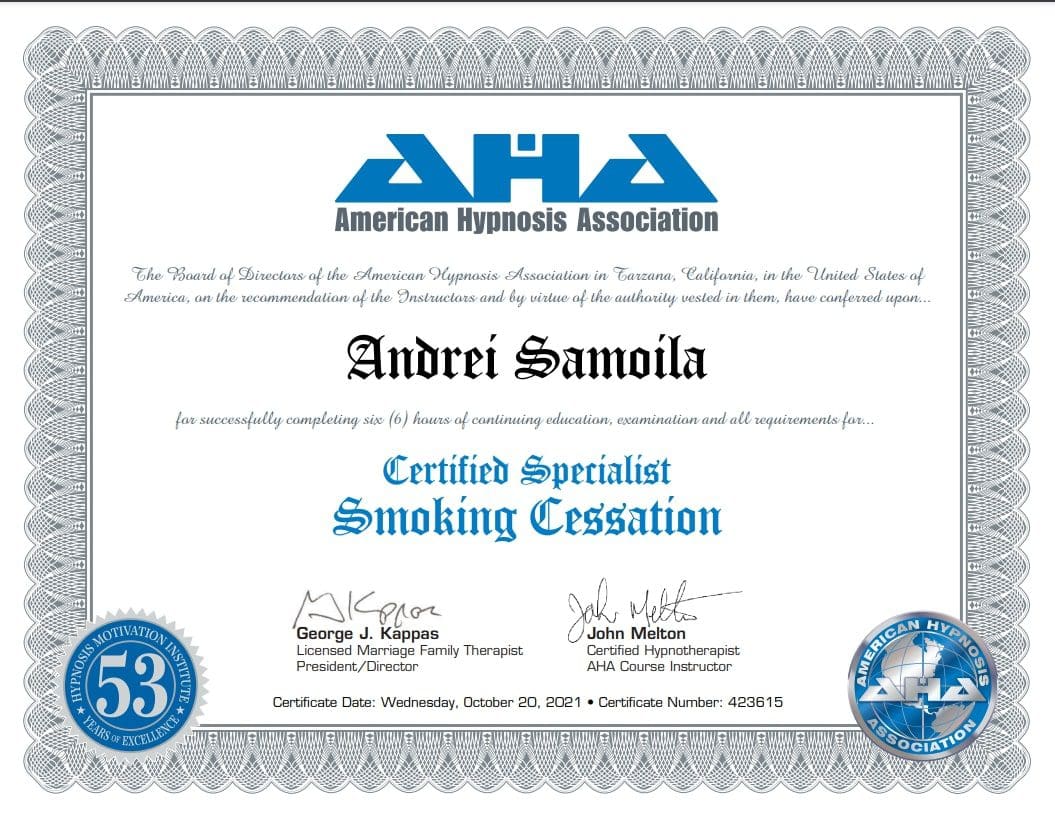 Certificat de specializare în hipnoză antifumat și renunțarea la fumat, obținut de Andrei Samo, hipnoterapeut în Timișoara și online