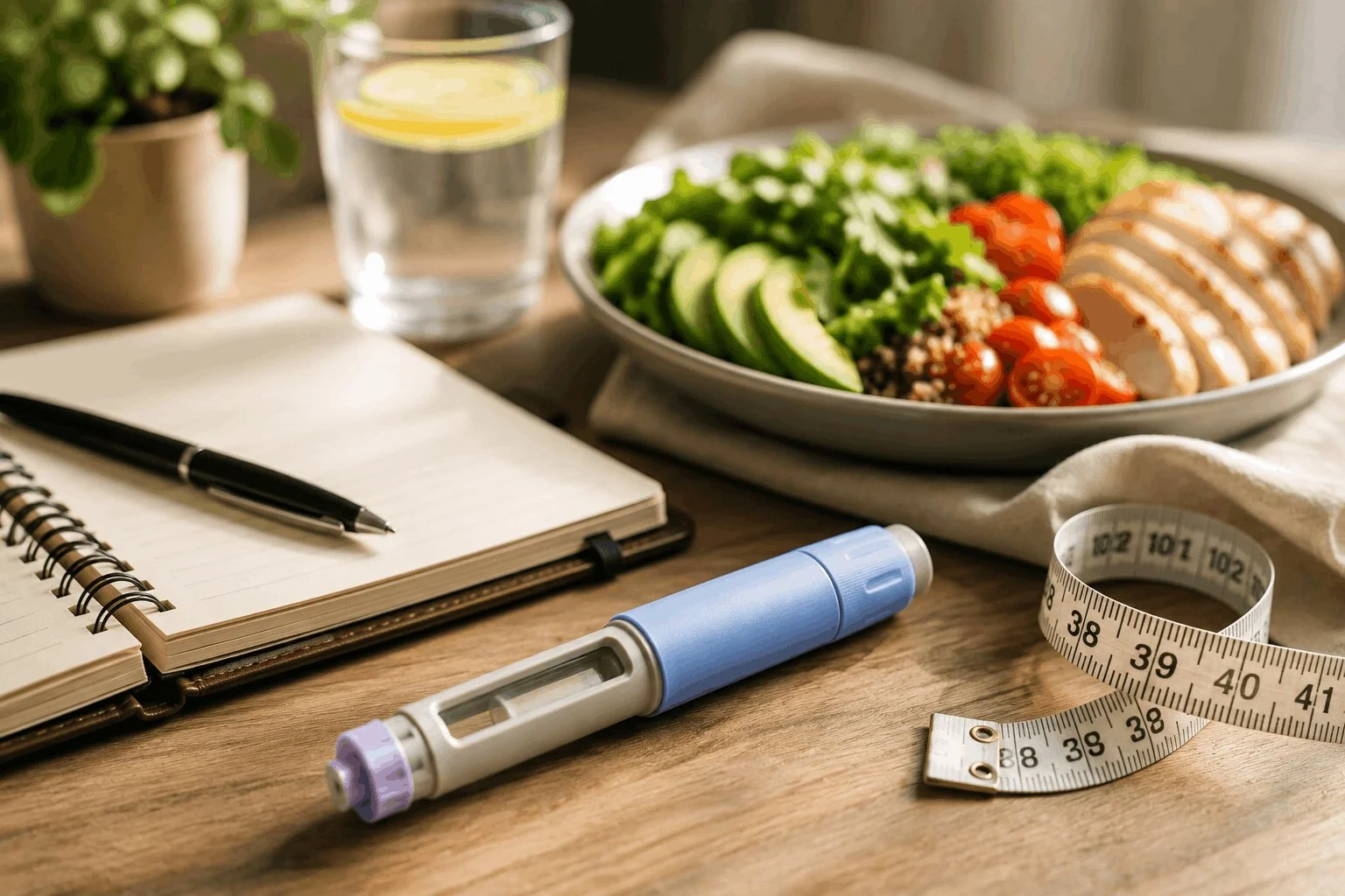 Am slăbit cu Ozempic – imagine ilustrativă cu stilou injector, jurnal alimentar și masă sănătoasă