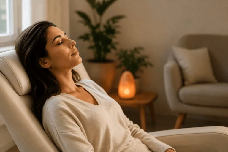 Hipnoza pentru slăbit – femeie relaxată în timpul unei ședințe de hipnoterapie