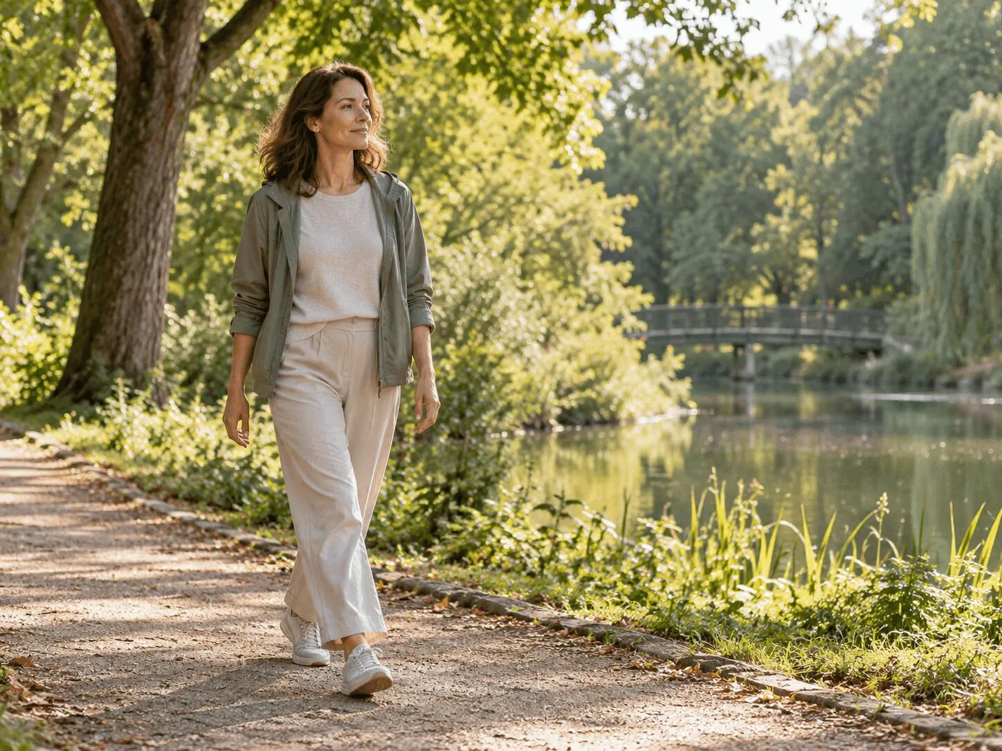 Femeie plimbându-se pe o alee într-un parc, lângă un lac, în lumină naturală.
