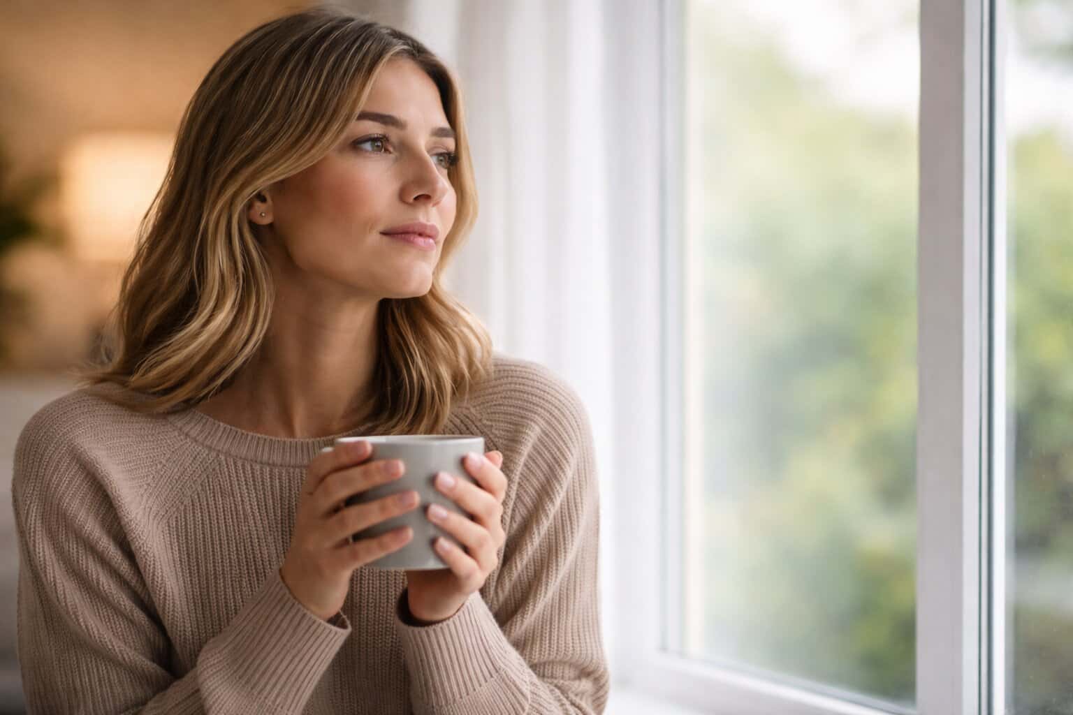 Person looking out the window in a moment of reflection and inner clarity.