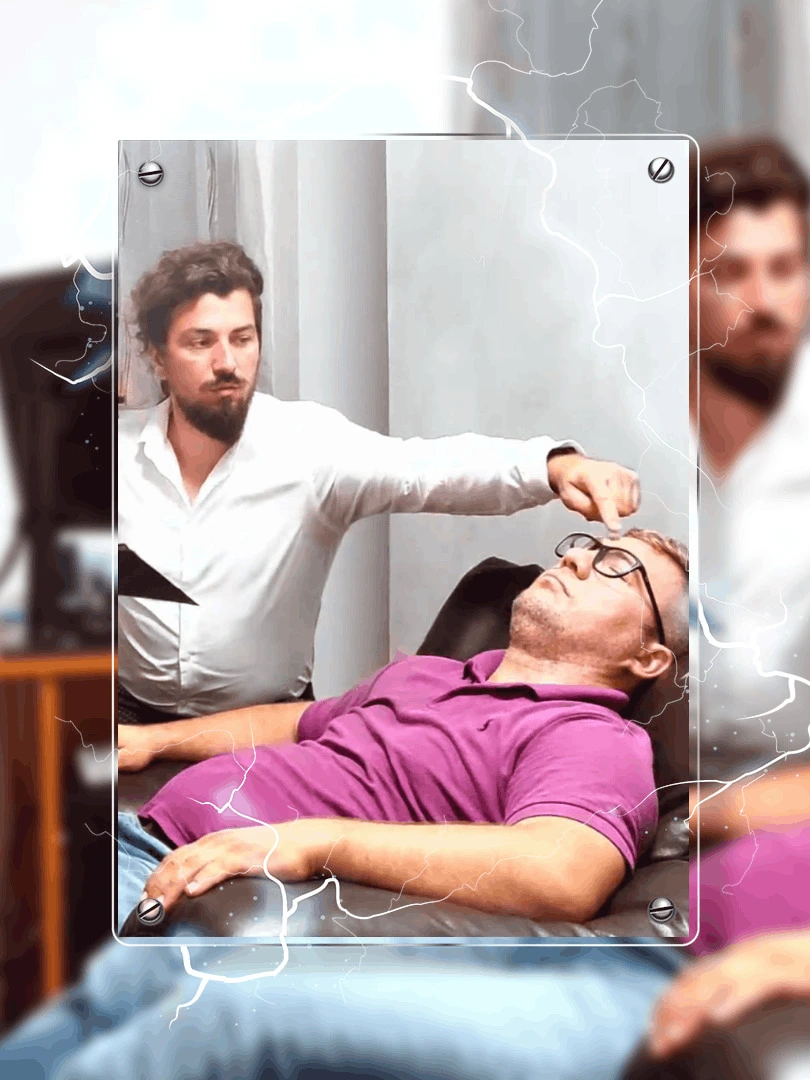 Andrei Samo guiding a hypnotherapy session online and in Timișoara, helping a client enter a relaxed hypnotic state.