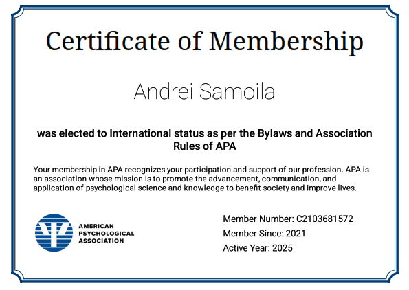 American Psychological Association membership certificate for Andrei Samo, hypnotherapist online and in Timișoara.