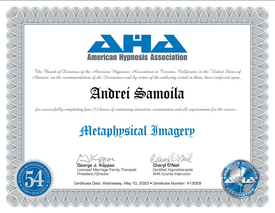 Metaphysical imagery specialization certificate obtained by Andrei Samo, hypnotherapist online and in Timișoara.