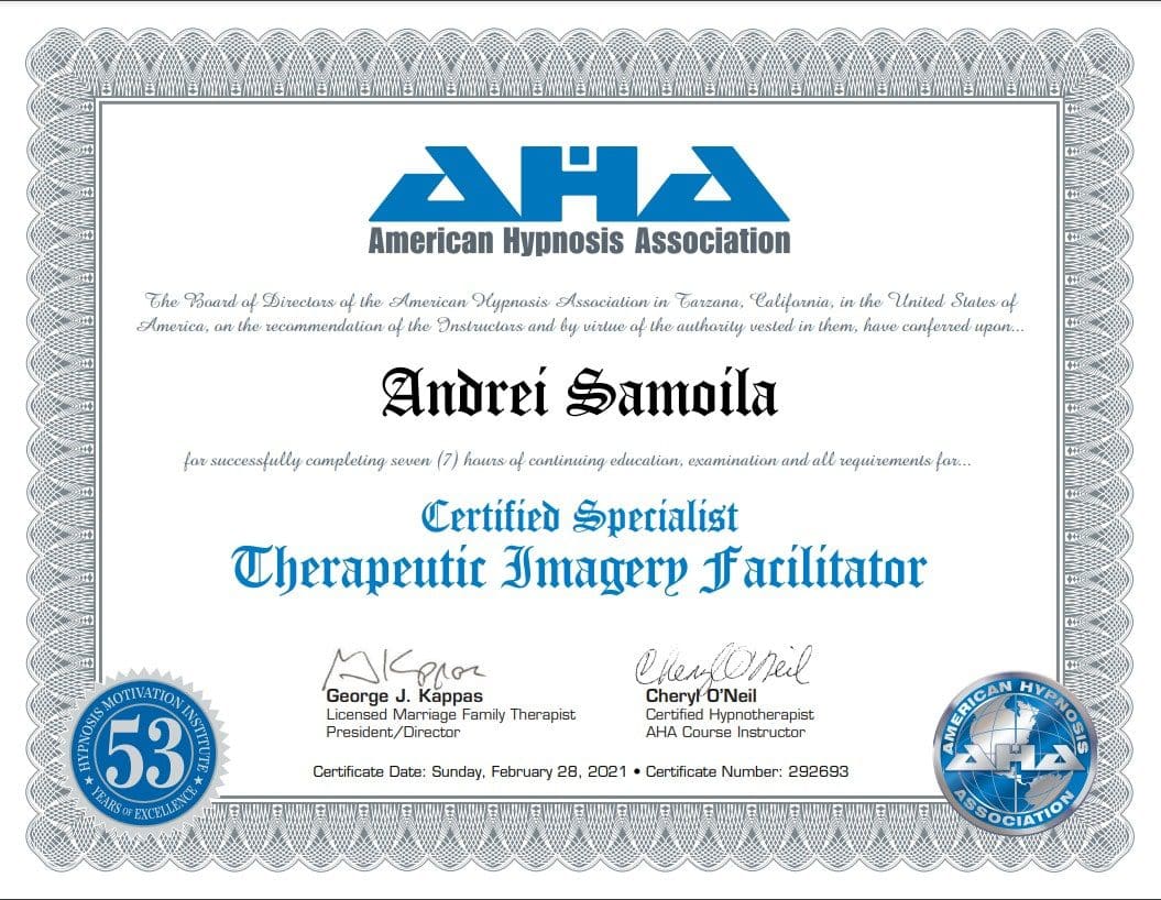 Therapeutic Imagery Facilitator certificate for Andrei Samo, hypnotherapist online and in Timișoara.