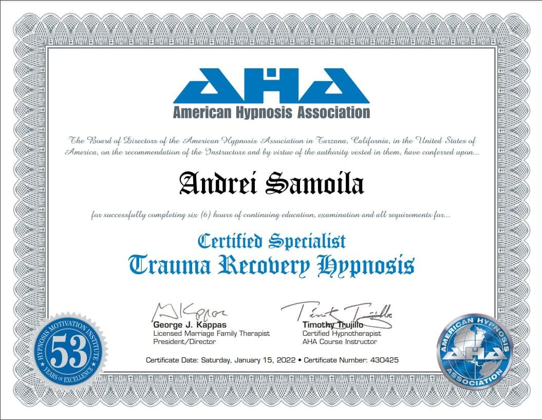 Trauma Recovery Hypnosis specialization certificate obtained by Andrei Samo, hypnotherapist online and in Timișoara.