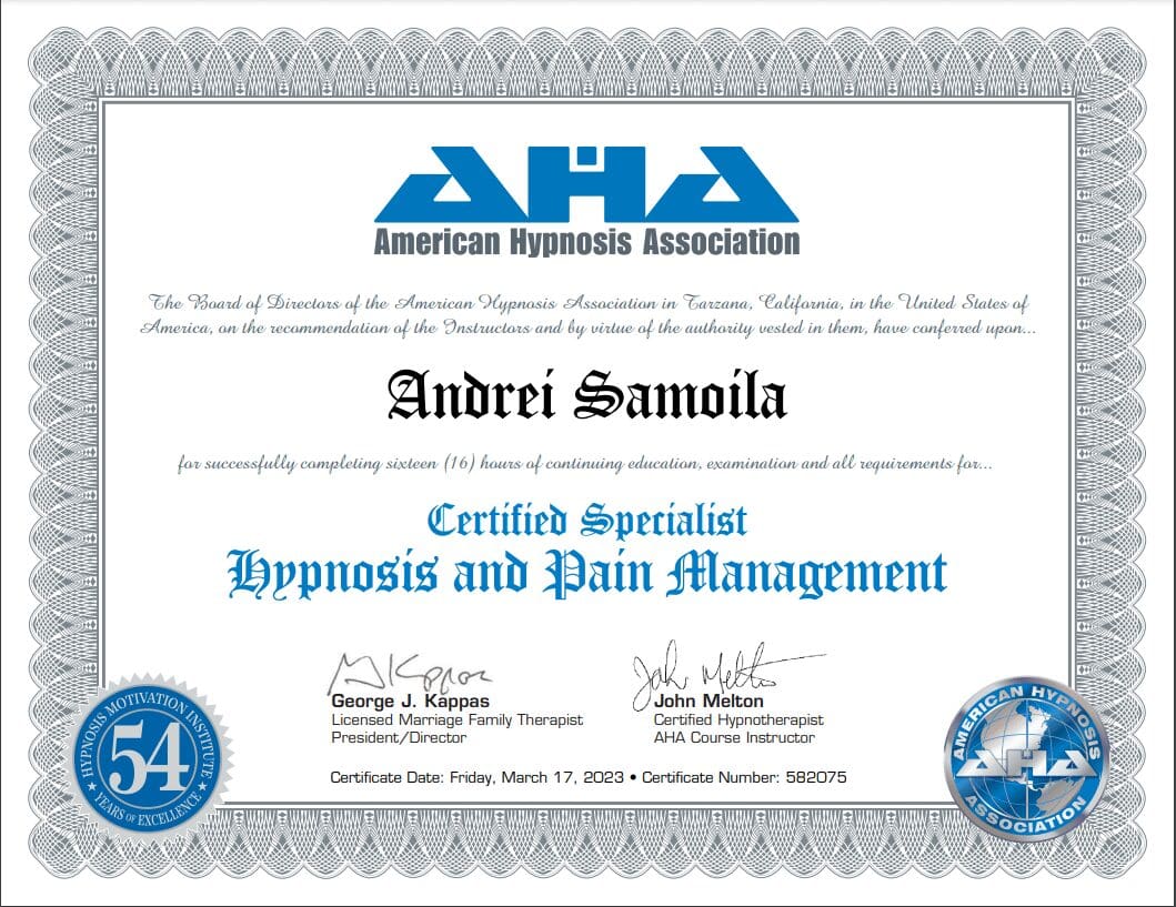 Pain management hypnosis specialization certificate obtained by Andrei Samo, hypnotherapist online and in Timișoara.