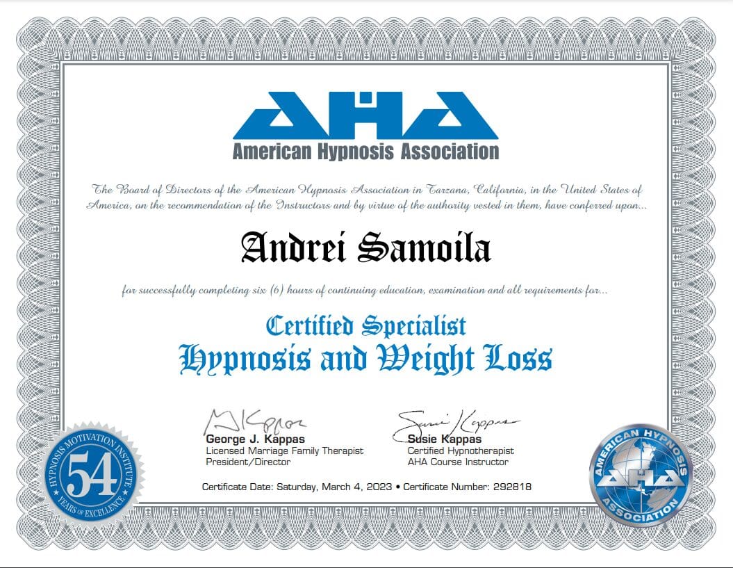 Weight loss hypnosis specialization certificate obtained by Andrei Samo, hypnotherapist online and in Timișoara.